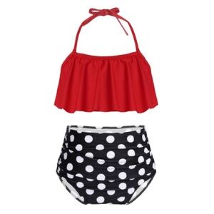 Boutique Beach Ready Cherry Red Polka Dot Two Piece Swimsuit NEW Size 9/10